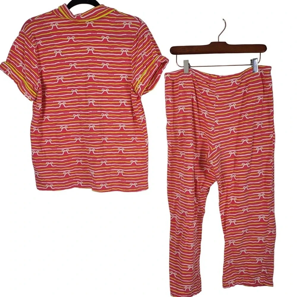 Disney Minnie Mouse Pajama Set L Womens Pink Yellow White Striped Button Front - Picture 11 of 13